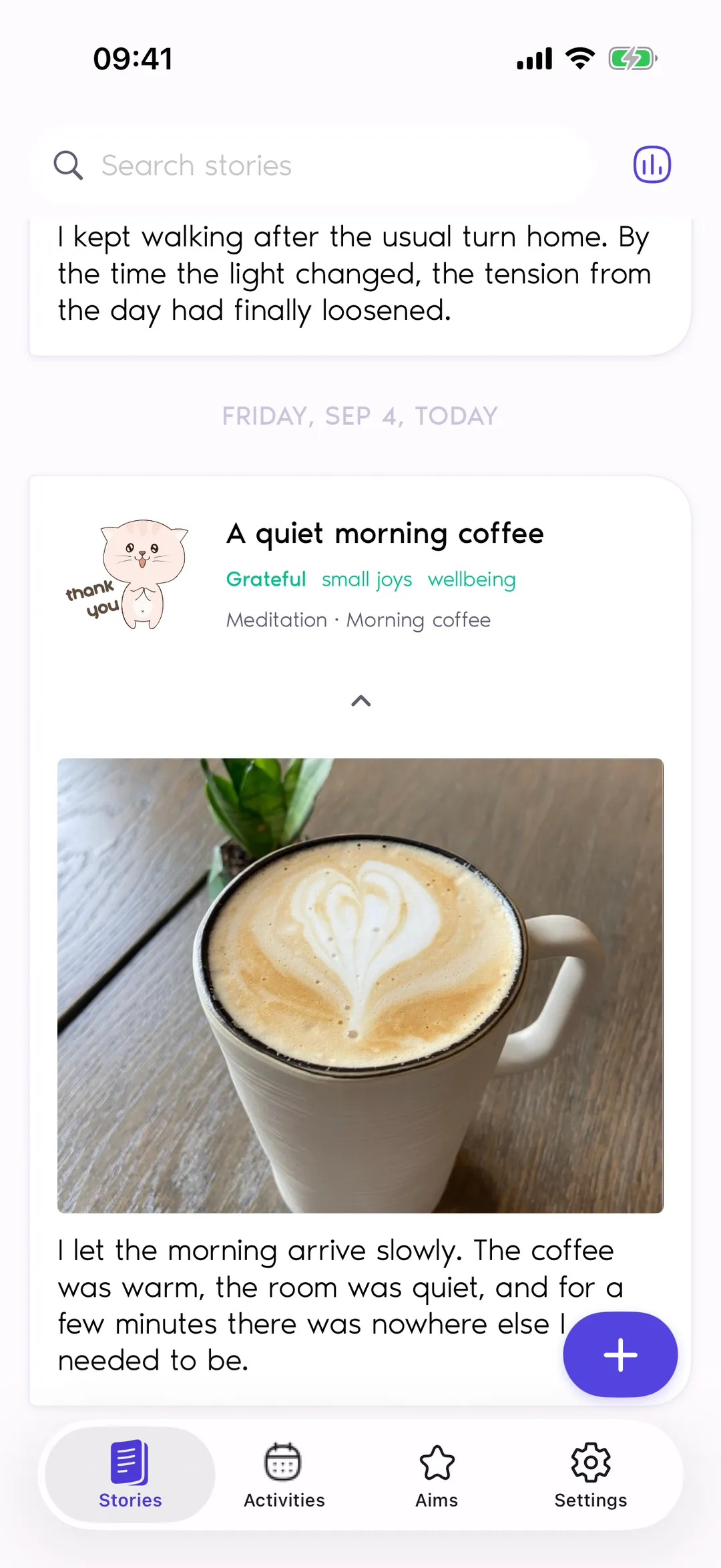 Reflexy Stories screen showing the entry “A quiet morning coffee” with feelings, tags and a photo of a cup of coffee