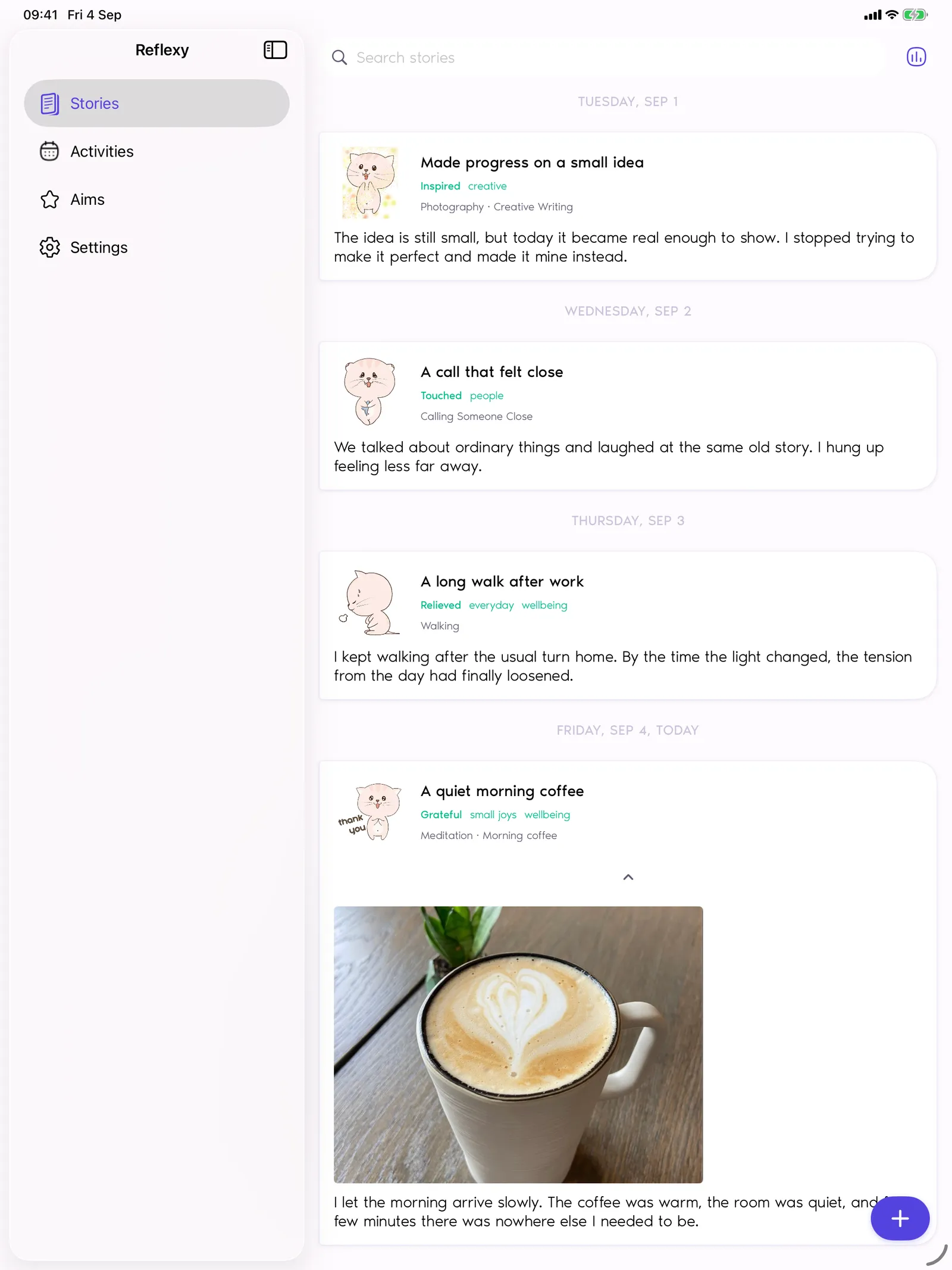Reflexy Stories screen on iPad showing a sidebar and four entries from one week, each with a feeling sticker