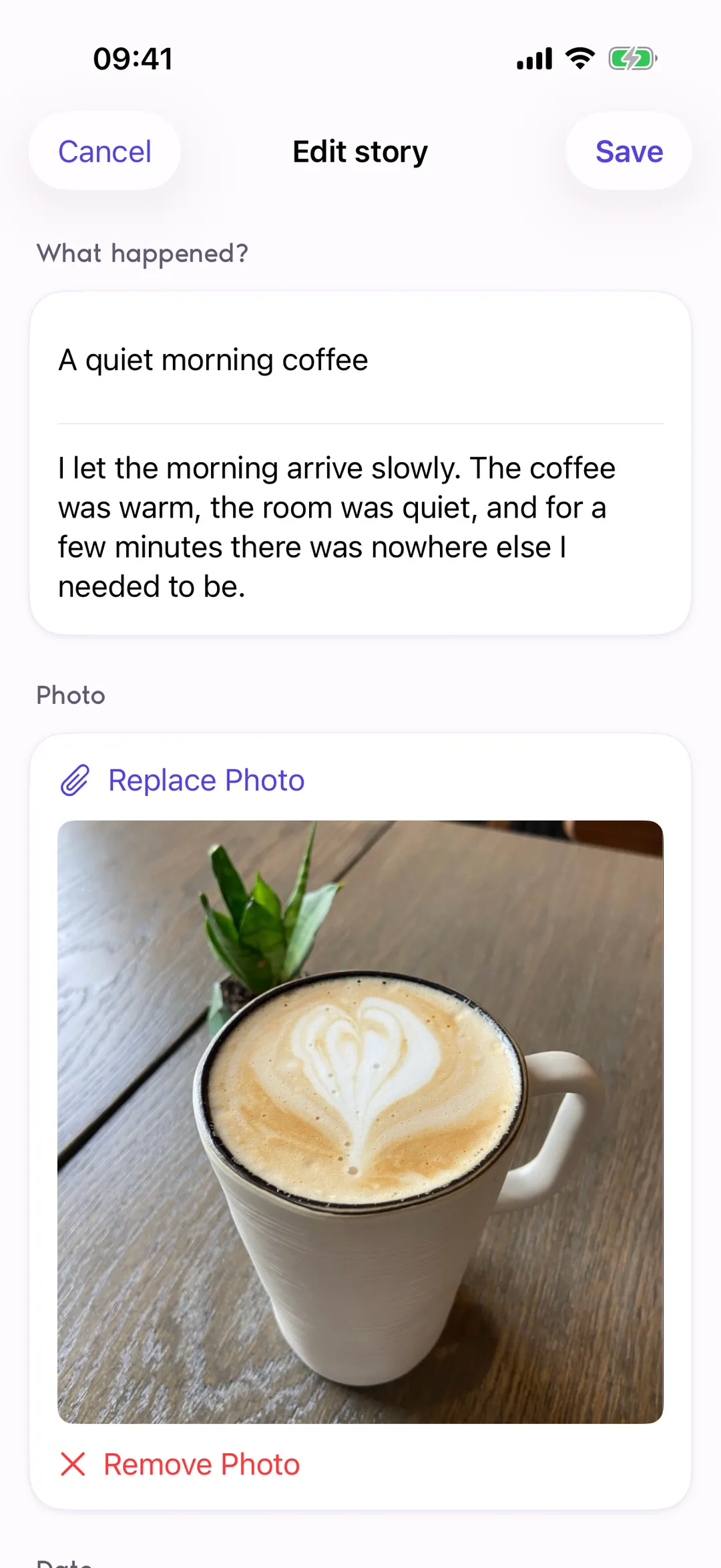 Reflexy Edit story screen showing the title and text of “A quiet morning coffee” and a photo with a Replace Photo button