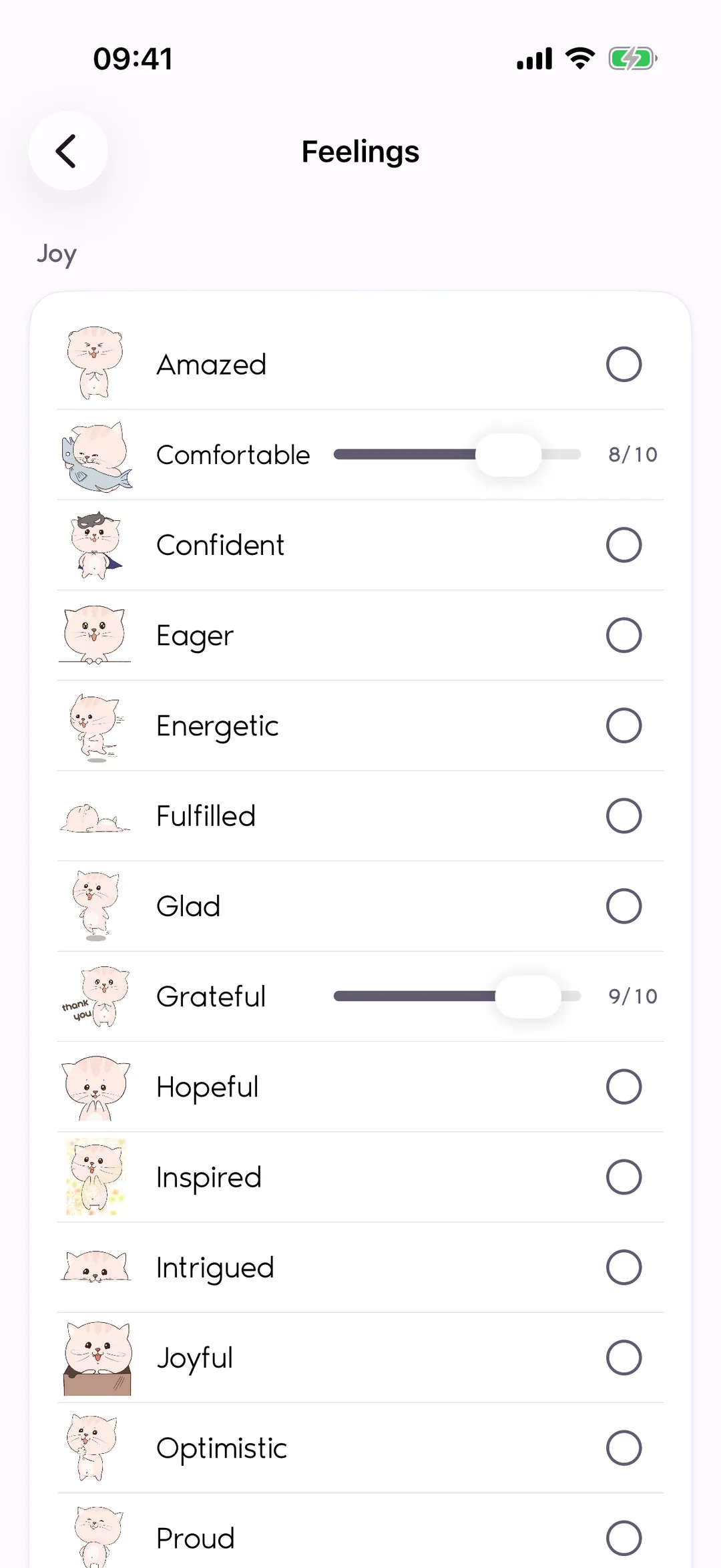 Reflexy Feelings screen showing the Joy group with Comfortable at 8 out of 10 and Grateful at 9 out of 10 selected