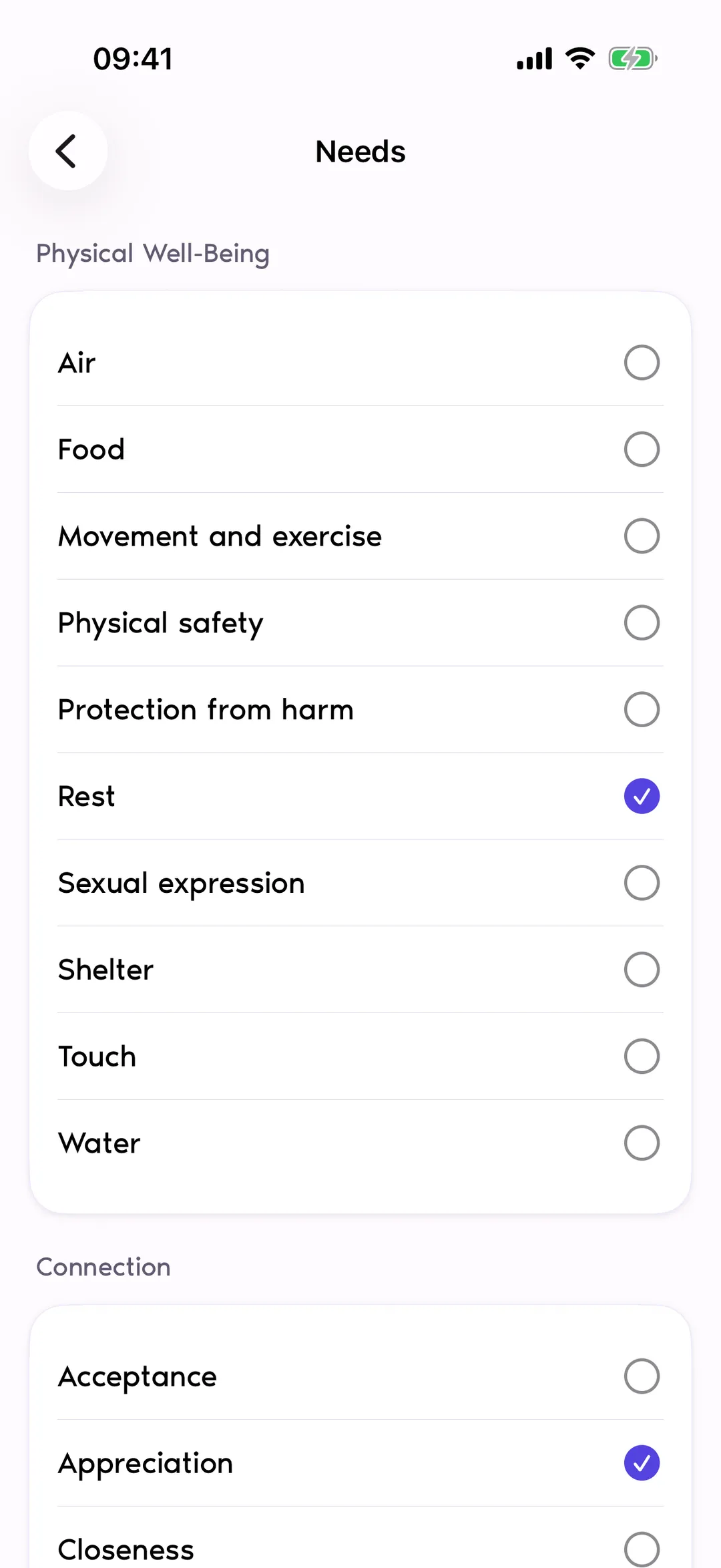 Reflexy Needs screen showing the Physical Well-Being group with Rest selected and Appreciation selected under Connection
