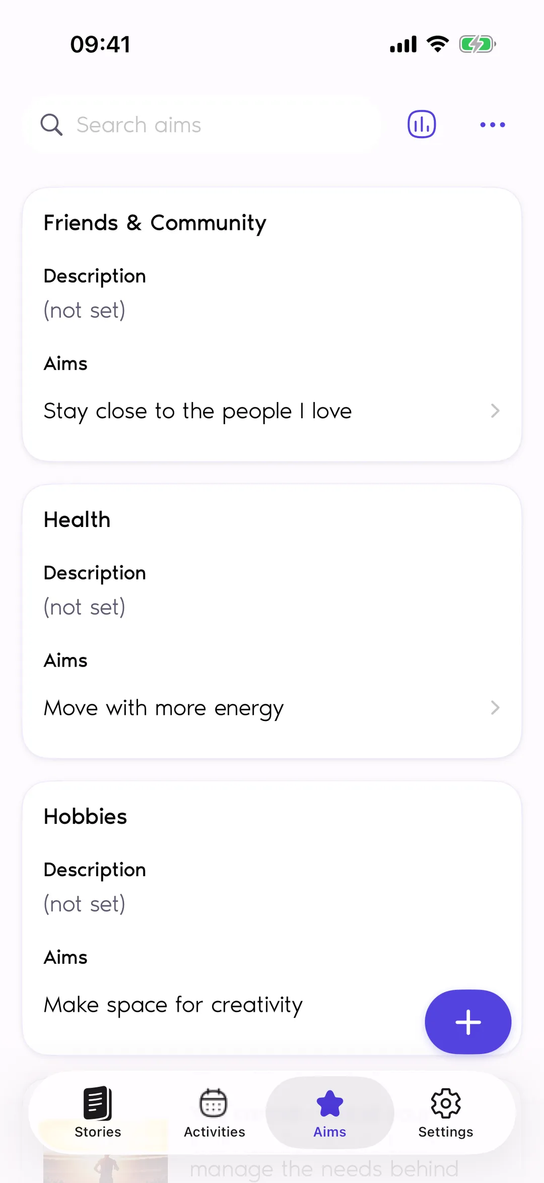 Reflexy Aims screen showing aims grouped by category: Friends & Community, Health and Hobbies