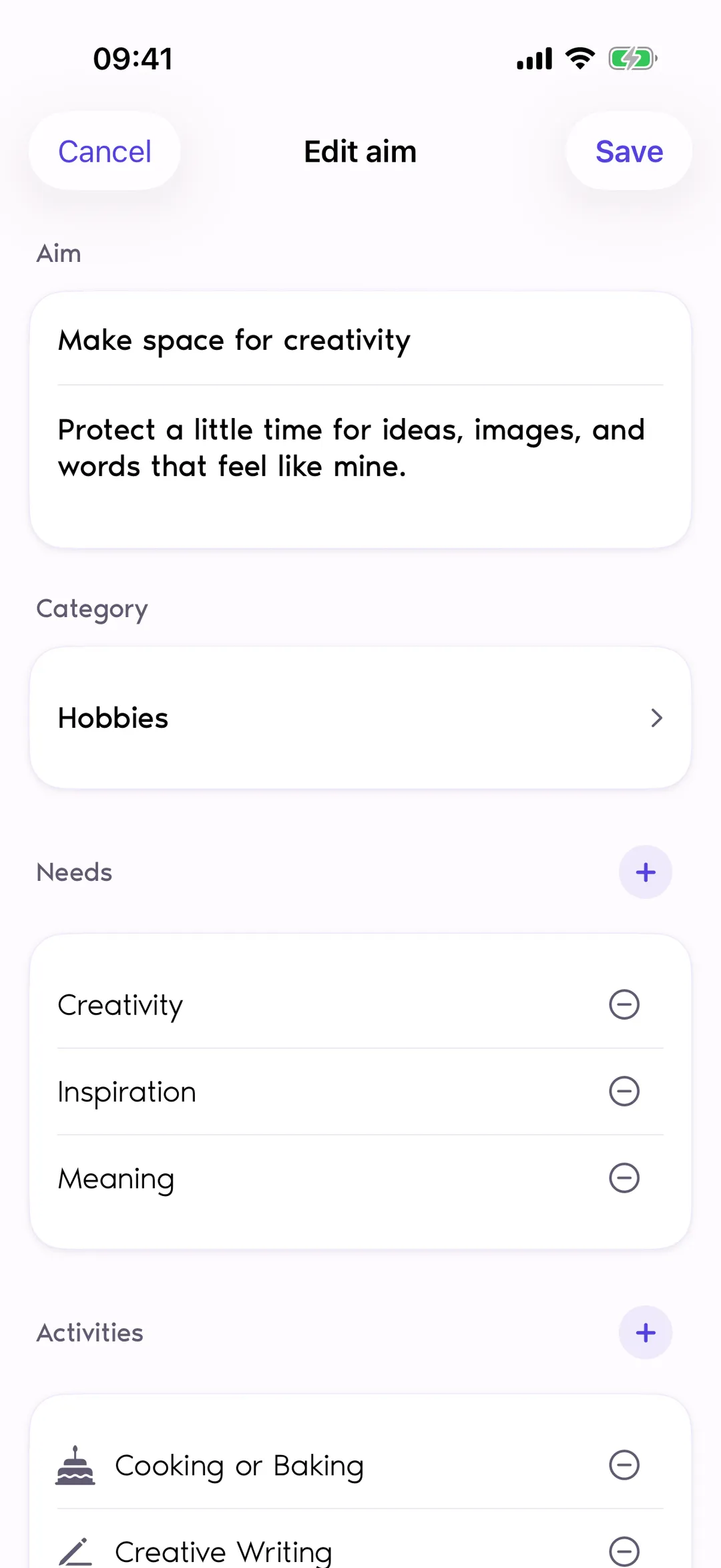 Reflexy Edit aim screen showing “Make space for creativity” in the category Hobbies with three needs and two activities