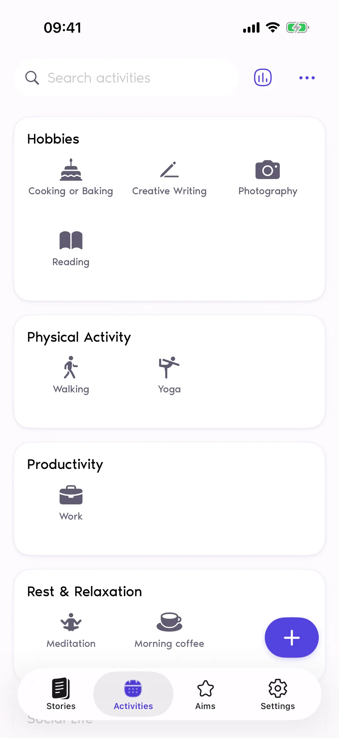 Reflexy Activities screen showing the categories Hobbies, Physical Activity, Productivity and Rest & Relaxation