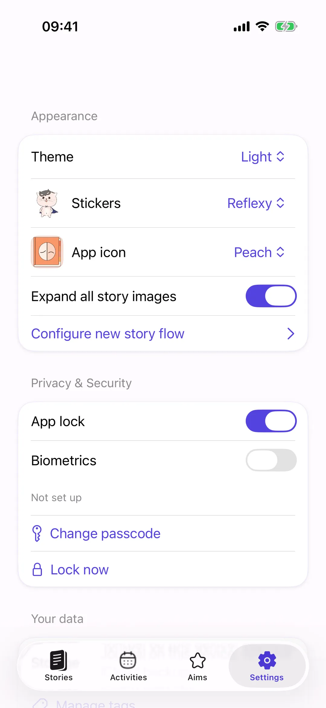 Reflexy Settings screen showing Theme, Stickers, App icon, Configure new story flow, App lock and Biometrics